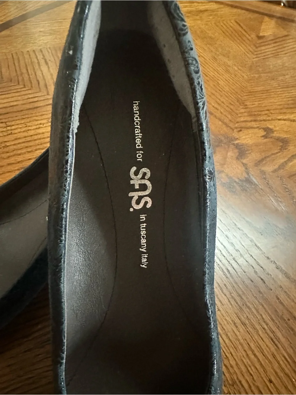 SAS Women’s Navy Embossed Leather Wedge Slip Ons